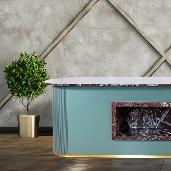 Aurelia Marble-Top Curved Sideboard in Teal with Brass Base
