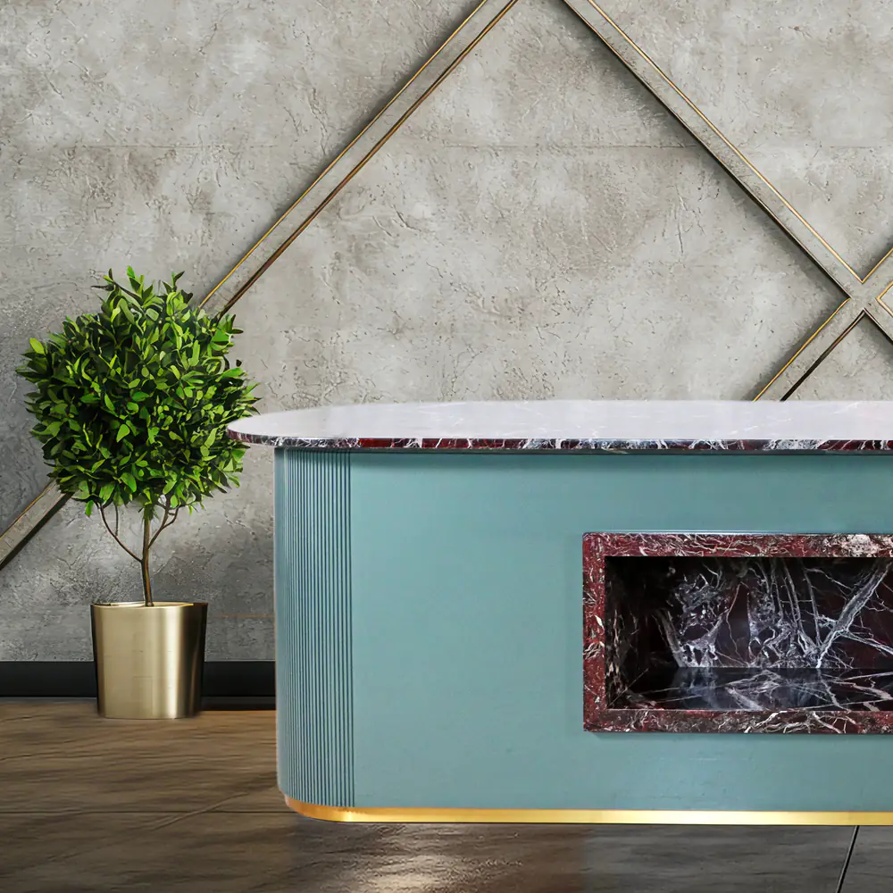 Aurelia Marble-Top Curved Sideboard in Teal with Brass Base