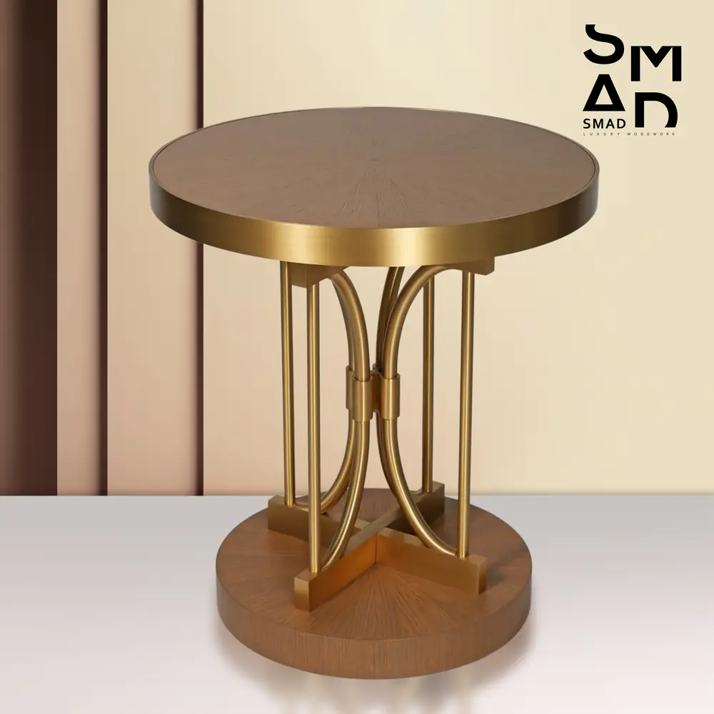 Luxe Arc Round Side Table – Wood Top with Brass Finish