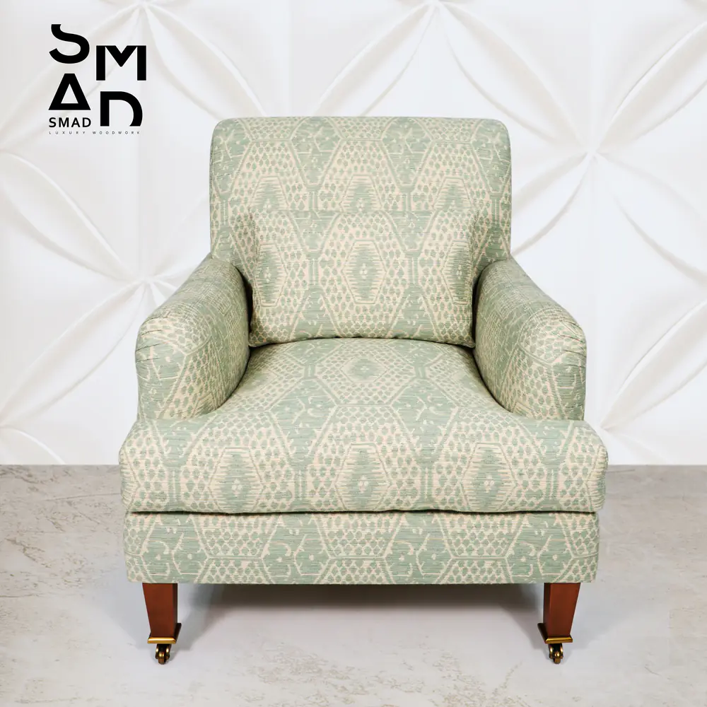 Sage Geometric Upholstered Armchair with Brass-Caster Legs