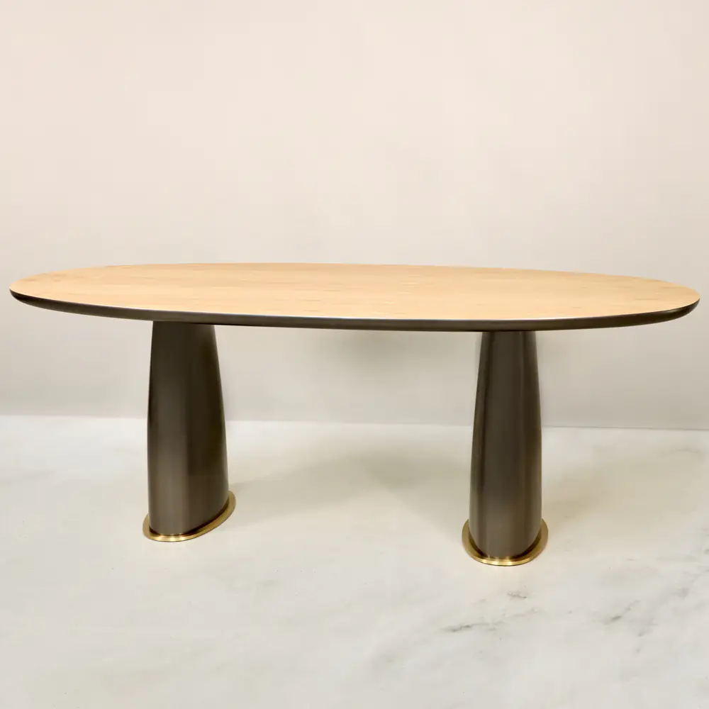 Aurelia Oval Dining Table with Light Oak Top & Bronze Pedestals