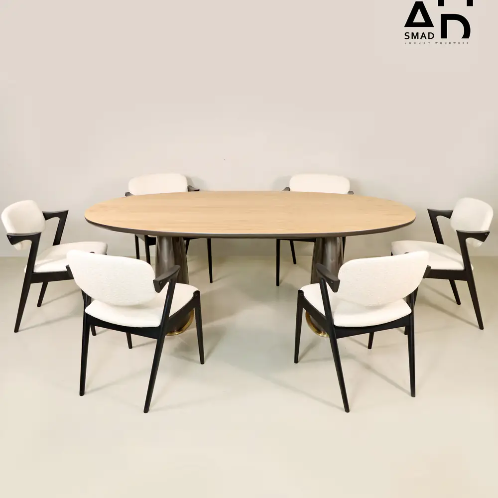 Oval Oak Dining Table Set with 6 Upholstered Armchairs