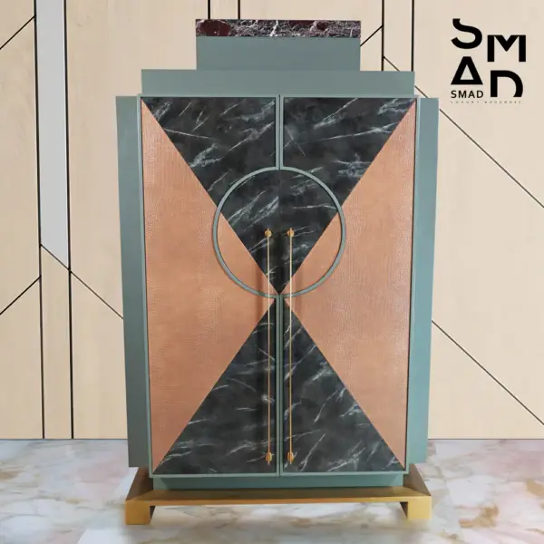 Artemis Art Deco Bar Cabinet in Sage, Marble & Copper