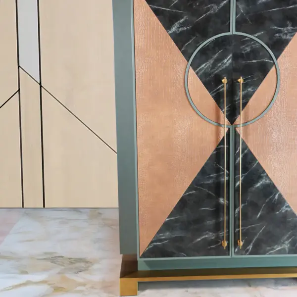 Artemis Art Deco Bar Cabinet in Sage, Marble & Copper