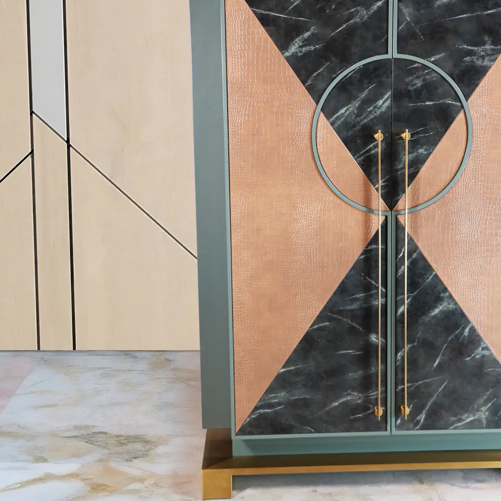 Artemis Art Deco Bar Cabinet in Sage, Marble & Copper