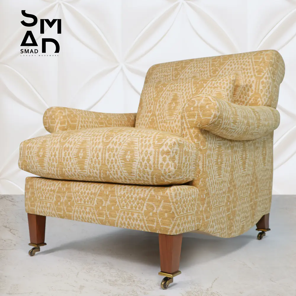 Honey Ikat Rolled‑Arm Lounge Chair with Brass Casters