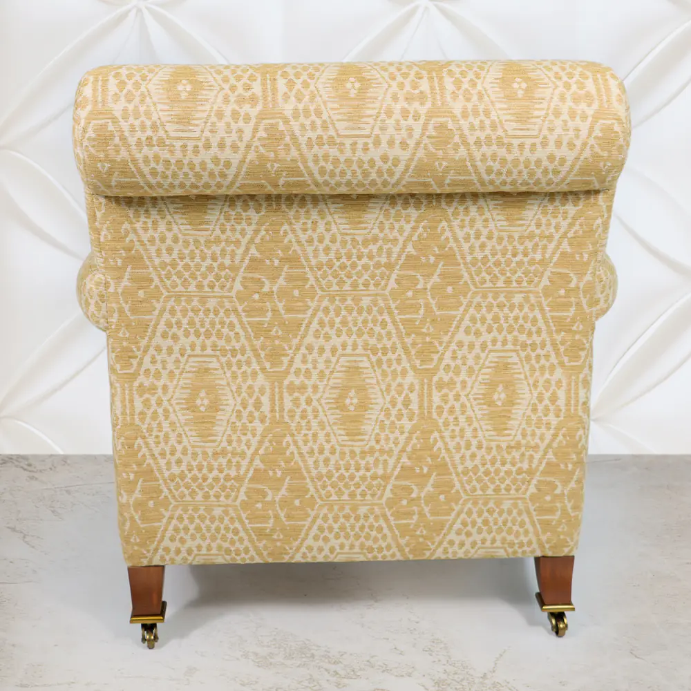 Honey Ikat Rolled‑Arm Lounge Chair with Brass Casters