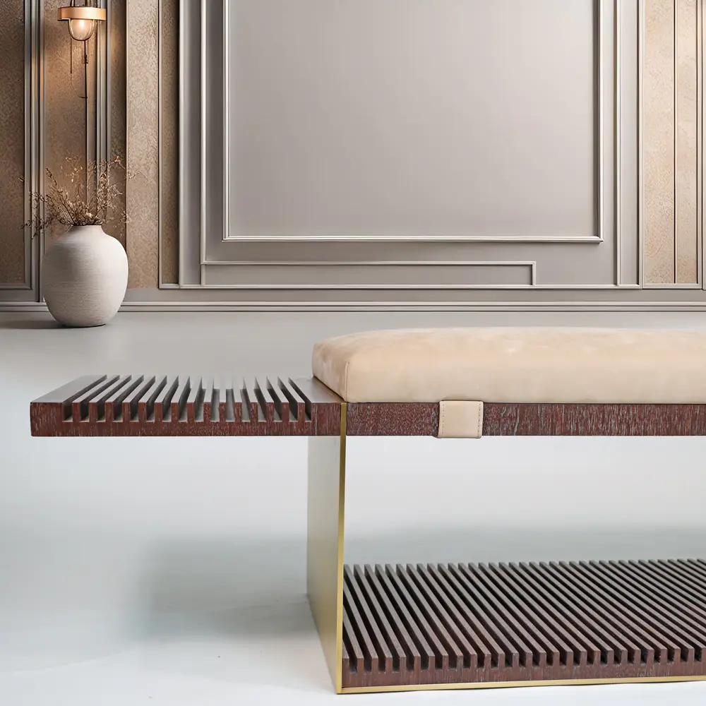 Luxe Slatted Bench with Brass Leg & Sand Cushion