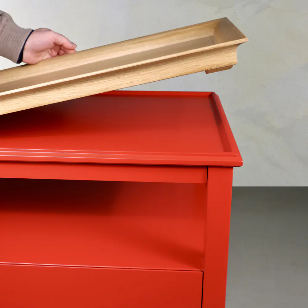Coral Red Tray-Top Side Table with Drawer