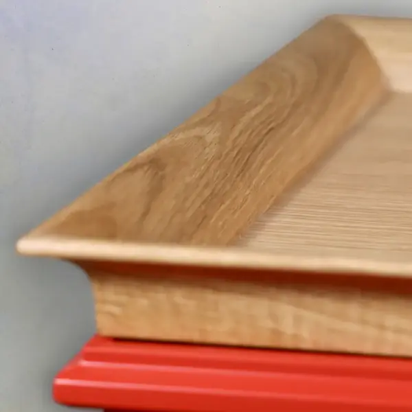 Oak Tray-Top Side Table with Red Metal Base