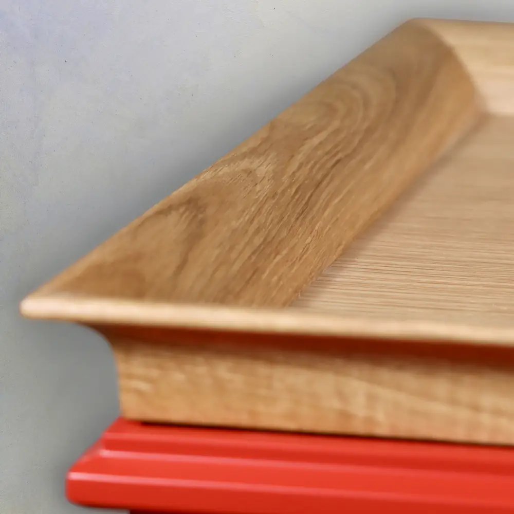 Oak Tray-Top Side Table with Red Metal Base