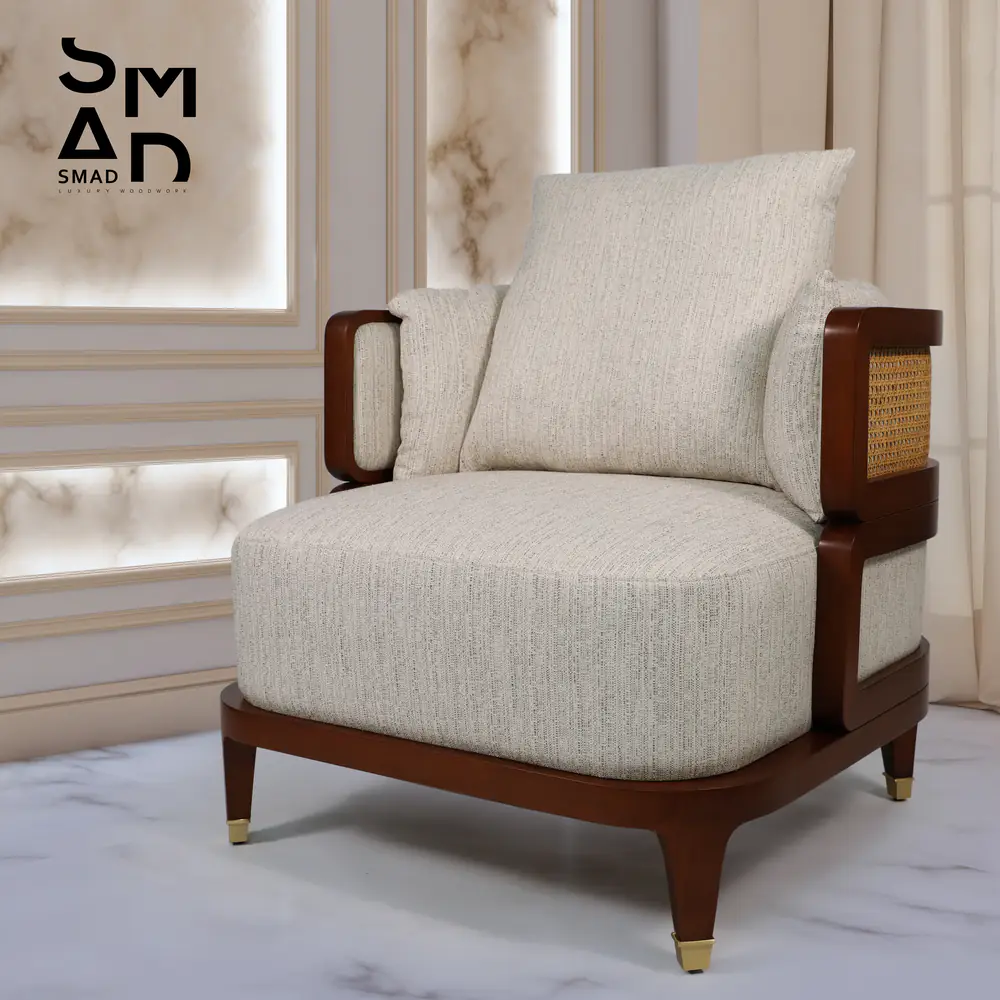 Walnut & Cane Lounge Chair with Ivory Upholstery