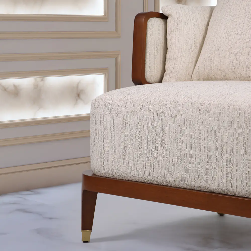 Walnut & Cane Lounge Chair with Ivory Upholstery