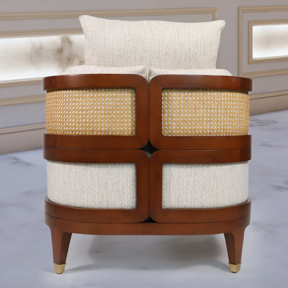 Walnut & Cane Lounge Chair with Ivory Upholstery