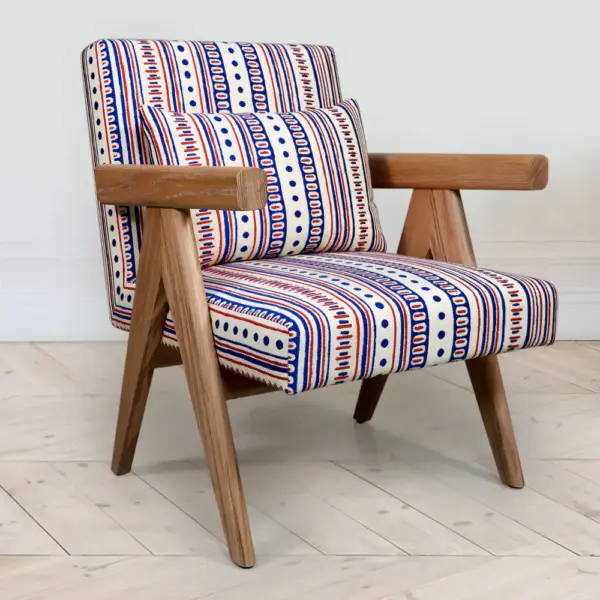Mid‑Century Oak Accent Chair with Geometric Upholstery