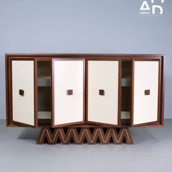 Zigzag Base Walnut & Ivory 4‑Door Sideboard