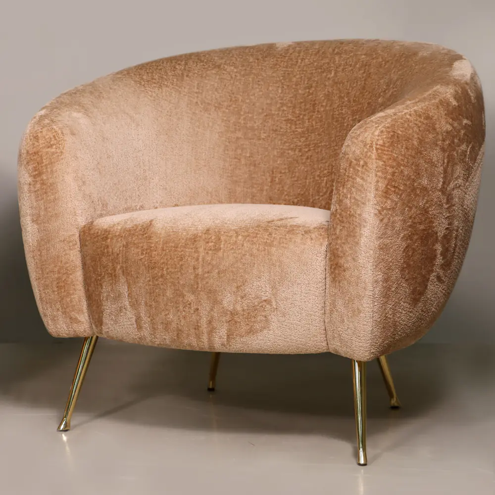 Champagne Velvet Barrel Accent Chair with Brass Tapered Legs