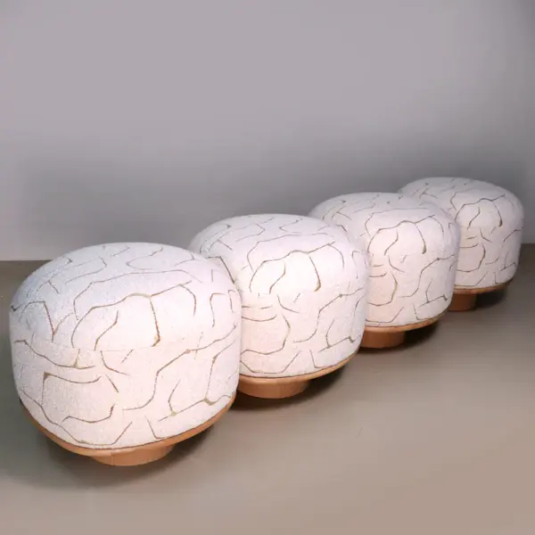 Pebble Stitch Pouf Stool with Wood Plinth Base