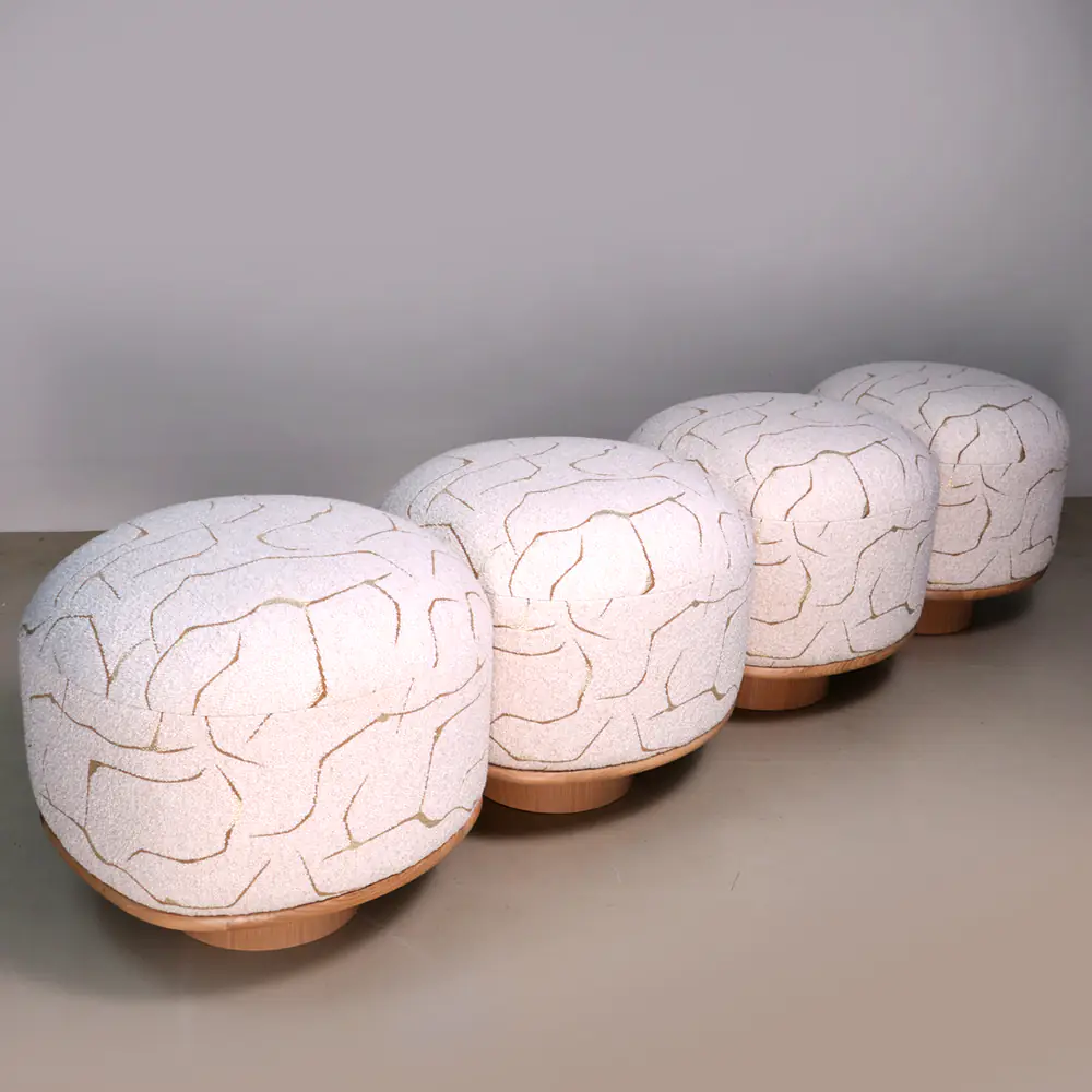 Pebble Stitch Pouf Stool with Wood Plinth Base