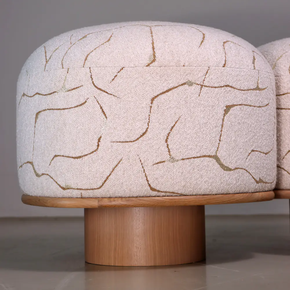 Pebble Stitch Pouf Stool with Wood Plinth Base