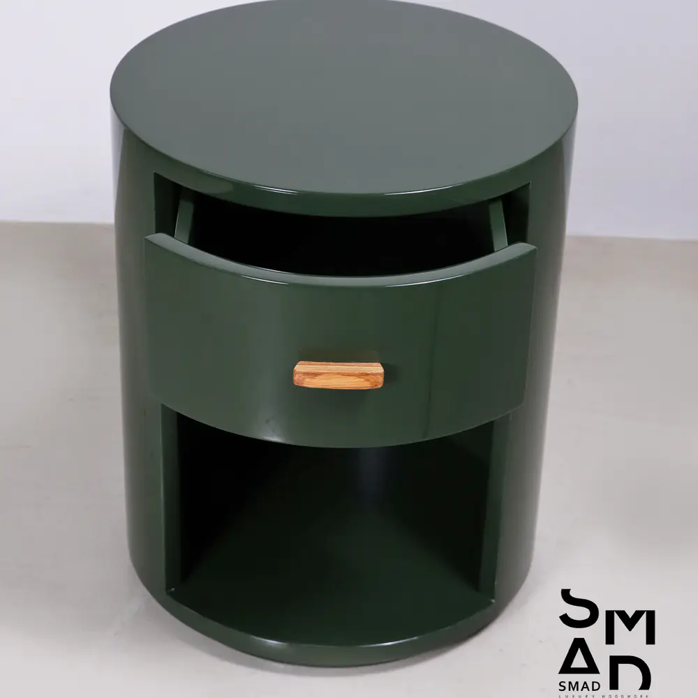 Round Forest Green Bedside Table with Drawer