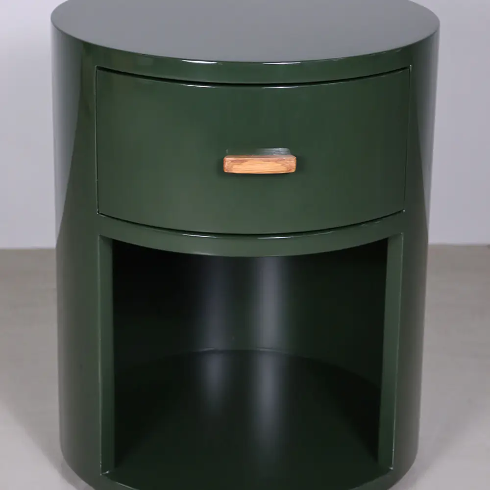 Round Forest Green Bedside Table with Drawer