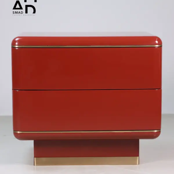 Terra Red Lacquer Two-Drawer Nightstand with Brass Base