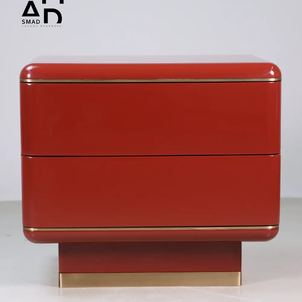 Terra Red Lacquer Two-Drawer Nightstand with Brass Base