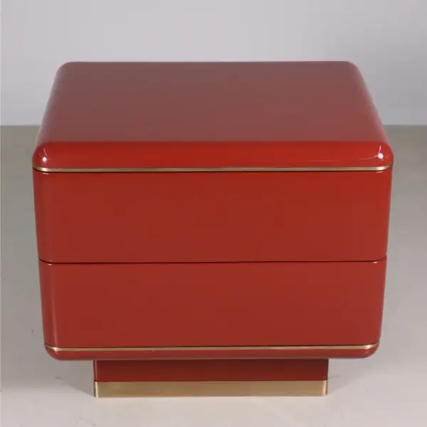 Terra Red Lacquer Two-Drawer Nightstand with Brass Base