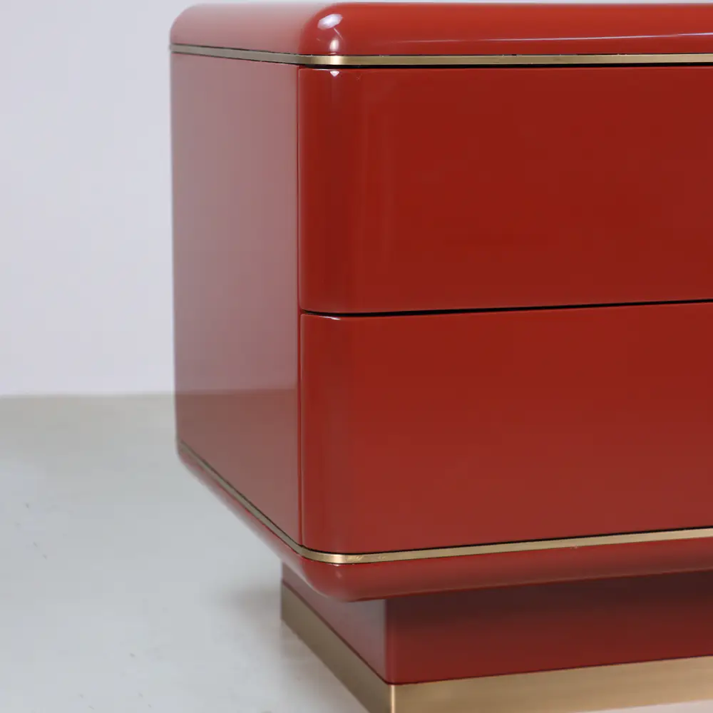 Terra Red Lacquer Two-Drawer Nightstand with Brass Base
