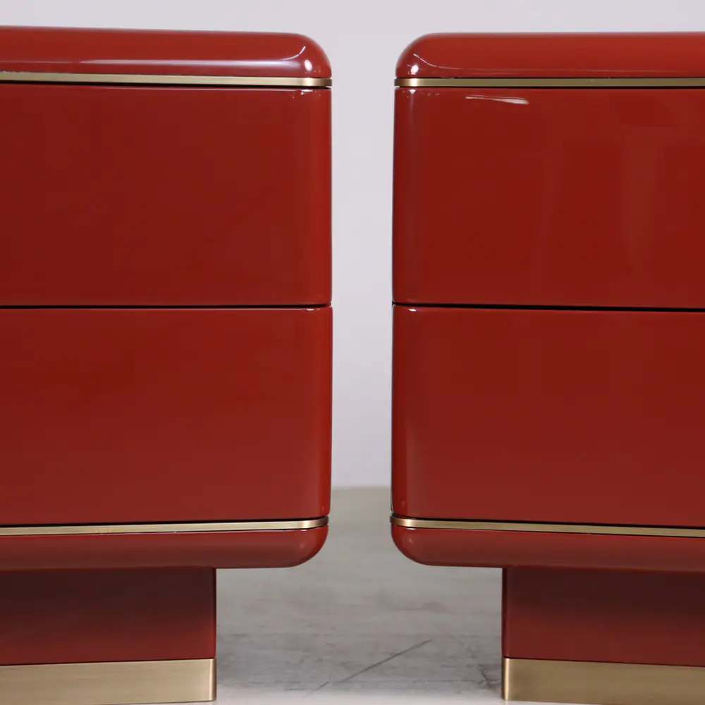 Terra Red Lacquer Two-Drawer Nightstand with Brass Base