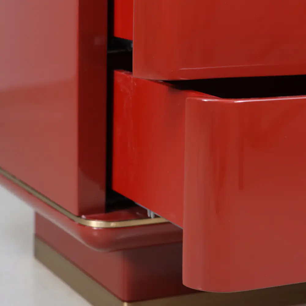 Terra Red Lacquer Two-Drawer Nightstand with Brass Base