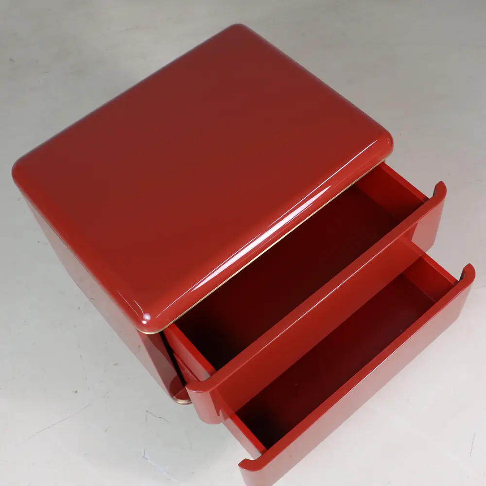 Terra Red Lacquer Two-Drawer Nightstand with Brass Base