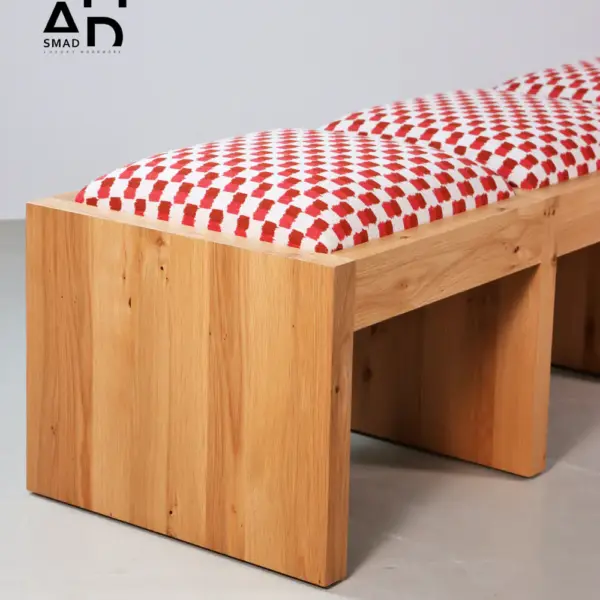 Solid Oak 3-Seat Bench with Red Check Upholstery