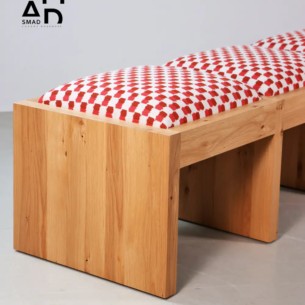 Solid Oak 3-Seat Bench with Red Check Upholstery