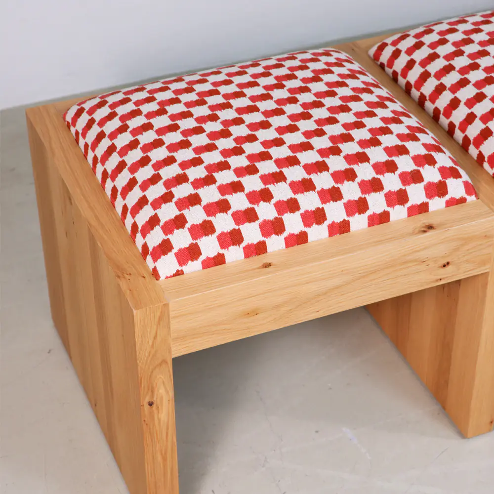 Solid Oak 3-Seat Bench with Red Check Upholstery