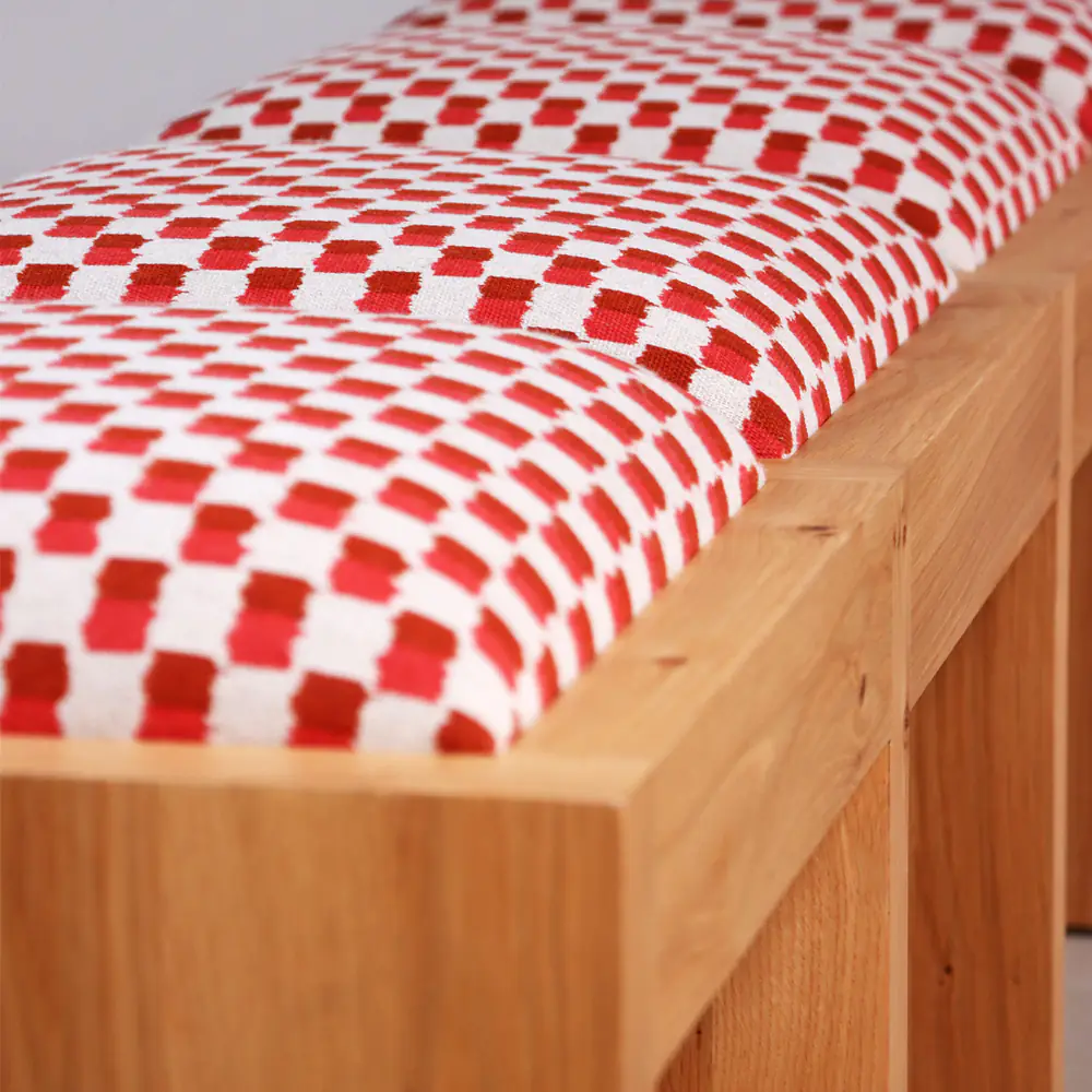 Solid Oak 3-Seat Bench with Red Check Upholstery