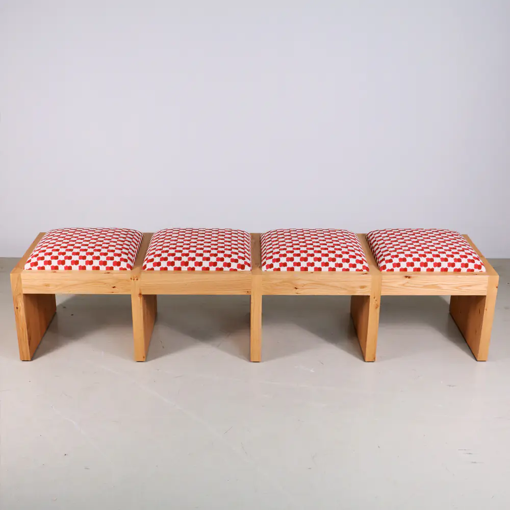 Solid Oak 3-Seat Bench with Red Check Upholstery