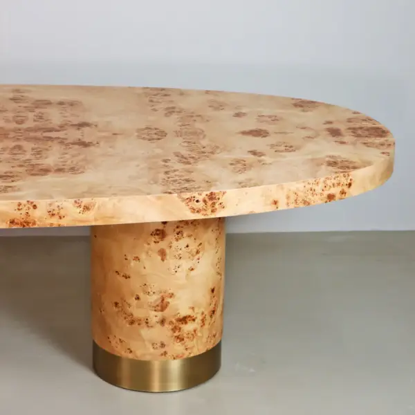 Oval Burl Wood Pedestal Table with Brass Plinth