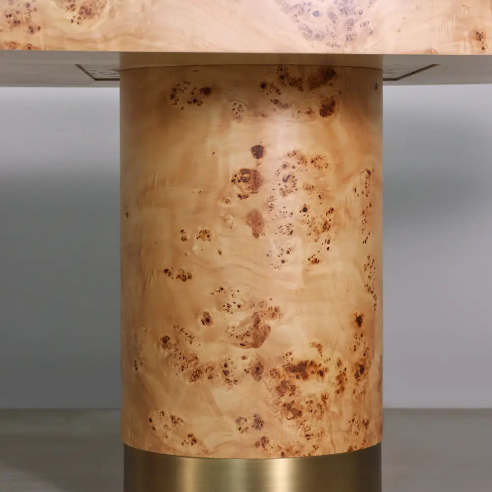 Oval Burl Wood Pedestal Table with Brass Plinth