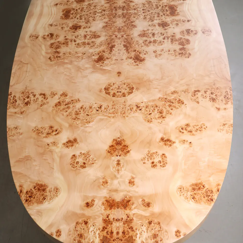 Oval Burl Wood Pedestal Table with Brass Plinth