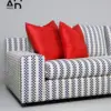 Navy Checkered Track-Arm Sofa with Red Accent Cushions