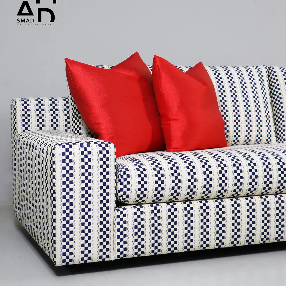 Navy Checkered Track-Arm Sofa with Red Accent Cushions
