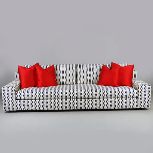 Navy Checkered Track-Arm Sofa with Red Accent Cushions