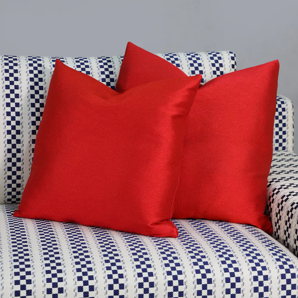 Navy Checkered Track-Arm Sofa with Red Accent Cushions