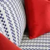 Navy Checkered Track-Arm Sofa with Red Accent Cushions
