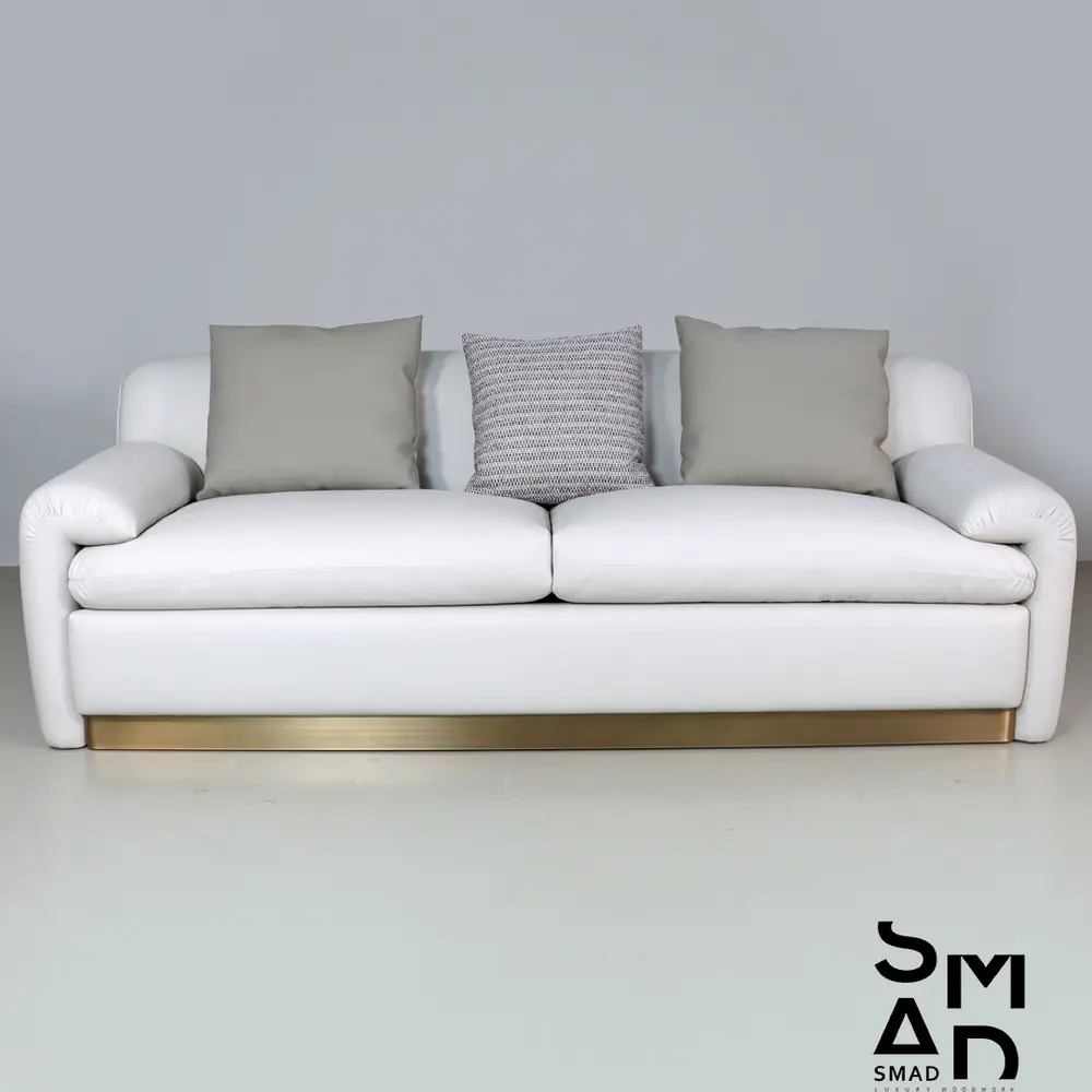 Luna 3-Seater White Sofa with Brass Plinth Base