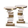 Stacked Geometry Round Side Table – Brass & White