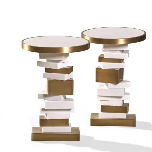 Stacked Geometry Round Side Table – Brass & White