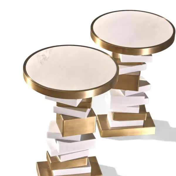 Stacked Geometry Round Side Table – Brass & White